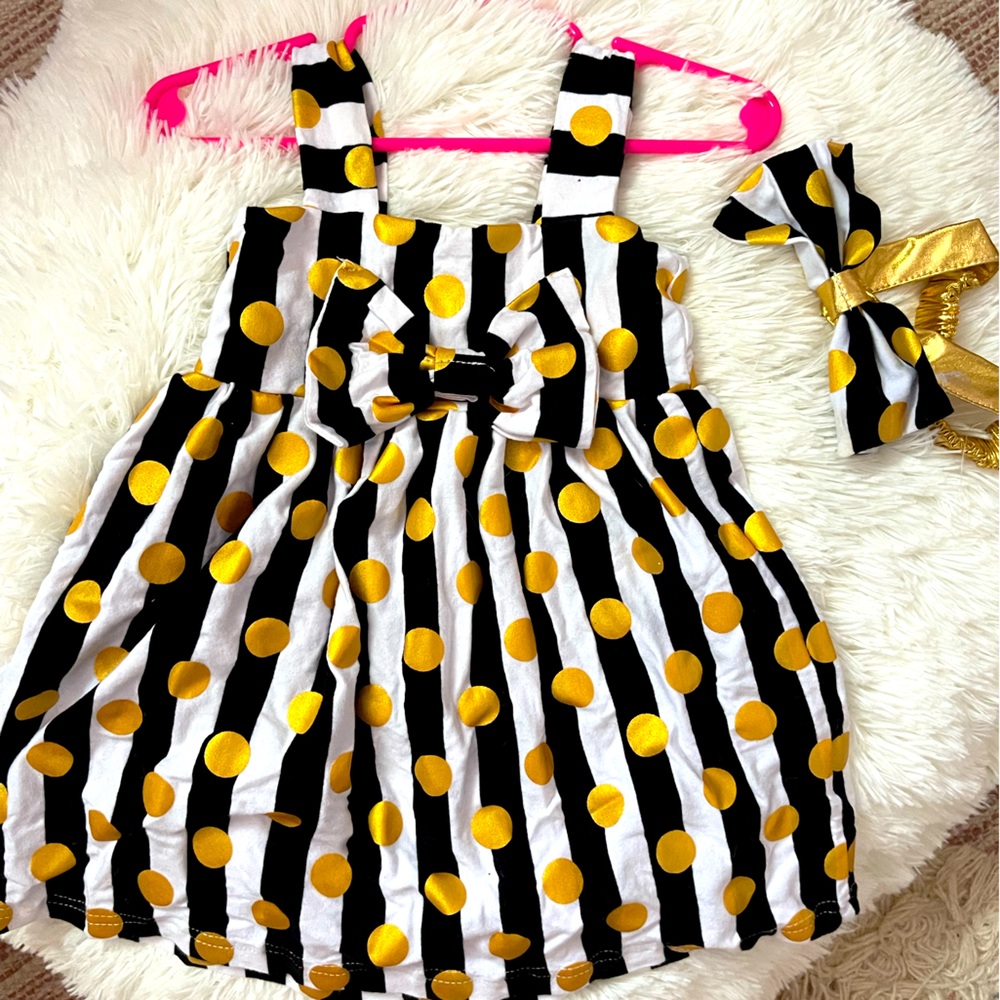 Baby Boutiqie Gold & Black Polka Dot Dress with Headband